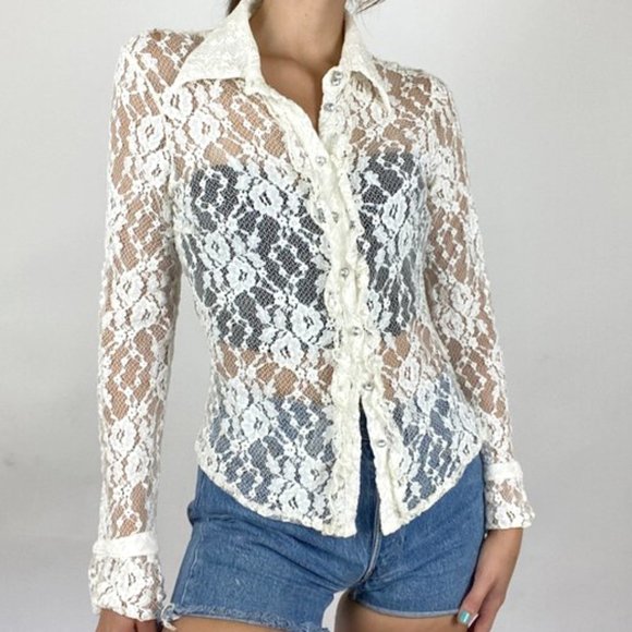 Vintage Sheer White Floral Lace Button Up Blouse - Picture 1 of 7